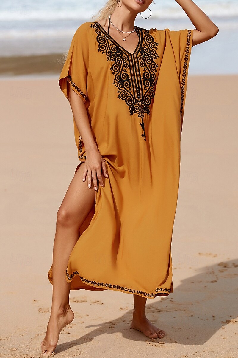 Women's Midi Dress Casual Dress Boho Dress Print Dress Fashion Modern Going out Beach Weekend Regular Fit Flower Short Sleeve V Neck Yellow Summer 2025 - $25.99 –P4