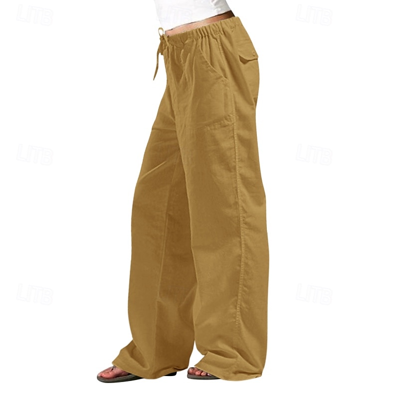 Women's Cotton Linen Pants Slacks Streetwear Casual Full Length Natural Plain Pocket Elastic Drawstring Design Outdoor Comfortable Daily Wear Going out Depression Green Dark Brown Light Sky Blue Navy 2025 - $23.99 –P8