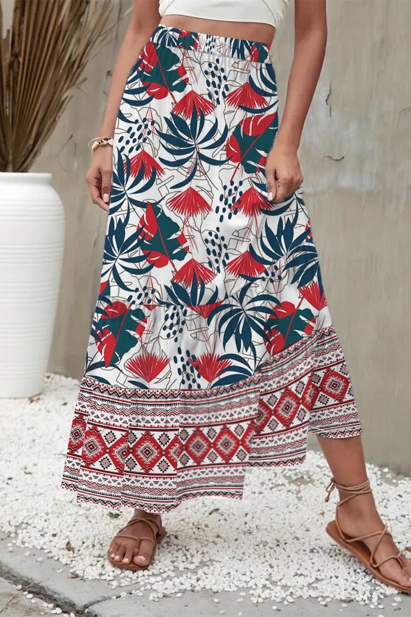 Damen Rock Mode Boho Maxi Mittlere Hüfthöhe Röcke Blumen Druck Mikroelastisch Straße Ausgehen Rote Sommer Polyester 2025 - $21.99 –P11