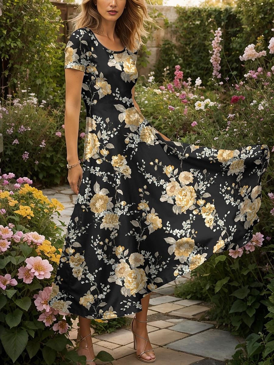 Femmes Robe maxi Robe Décontractée Robe trapèze Robe d'été Vacances ancien Ethnique Coupe régulière Fleuri Graphique Manche Courte Col carré Jaune Été Printemps de 2025 ? $30.99 –P1