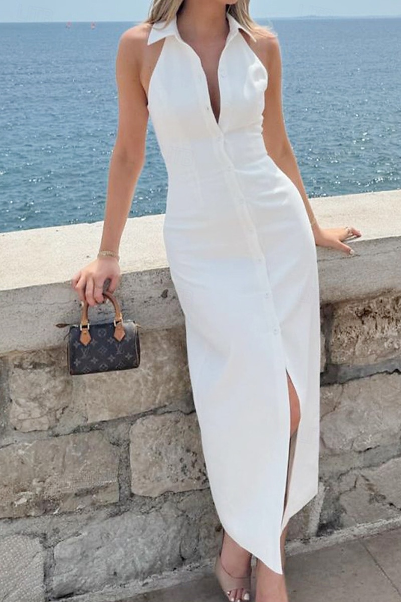 Pentru femei Rochii Midi Rochie albă Rochie de absolvire Modă Zi de Naștere Concediu Absolvire Fit regulat Simplu Fără manșon Guler Cămașă Negru Alb Vară 2025 - $32.99 –P1