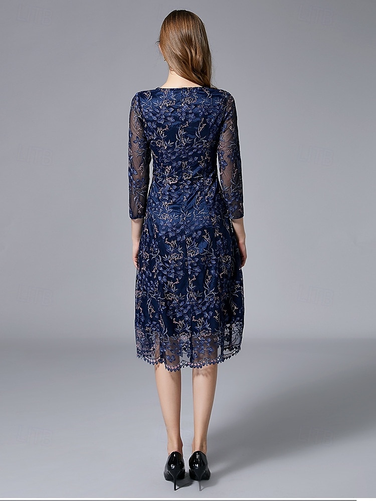 Abito A-Line per la madre della sposa abito elegante vintage per feste collo a giro lunghezza tè in pizzo tulle maniche 3/4 con applicazioni in pizzo ricamato floreale del 2025 a $114.99 –P4
