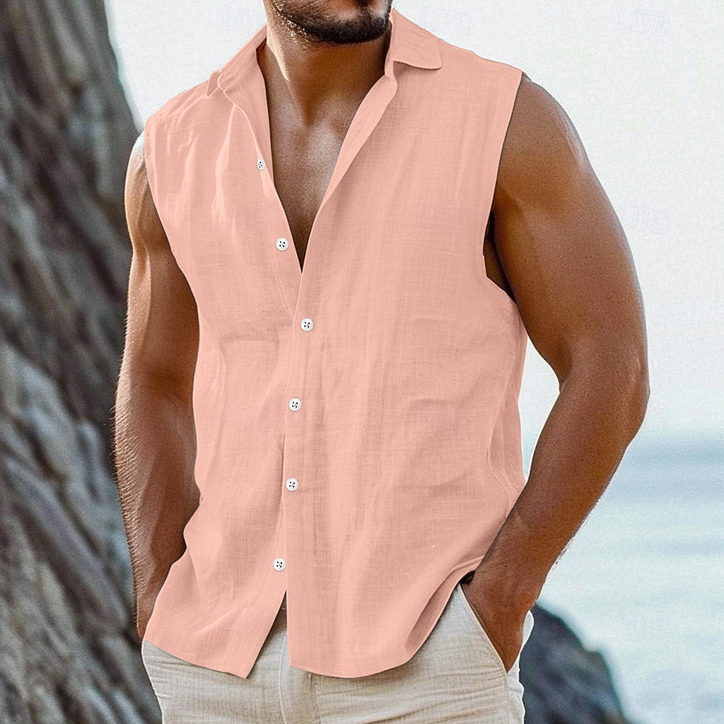 Herren Hemd leinenhemd Sommerhemd Strandbekleidung Knopfhemd Einfach Urlaub Kreuzfahrt Weiß Rosa Leicht Blau Ärmellos Kragen Sommer Frühling Bekleidung 2025 - $20.99 –P5