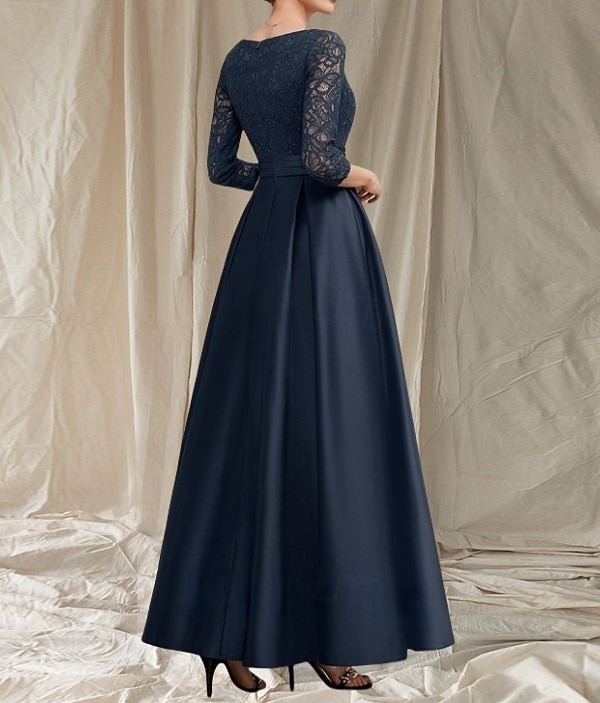 Vestido en Corte A Para la Madre de la Novia Invitada de Boda Elegante Escote en V Largo Satén Encaje Manga 3/4 con Encaje 2025 - $178.99 –P2