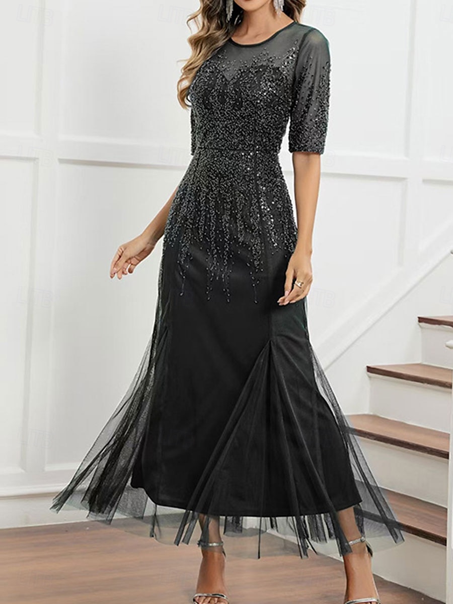 Dress Mother of the Bride Dress Elegant Party Black Dress Crew Neck Floor Length Polyester Half Sleeve with Sequin 2025 2025 - $129.99 –P1