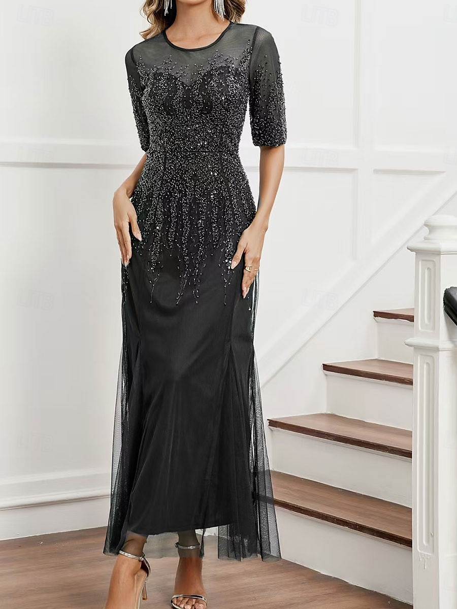 Dress Mother of the Bride Dress Elegant Party Black Dress Crew Neck Floor Length Polyester Half Sleeve with Sequin 2025 2025 - $129.99 –P4