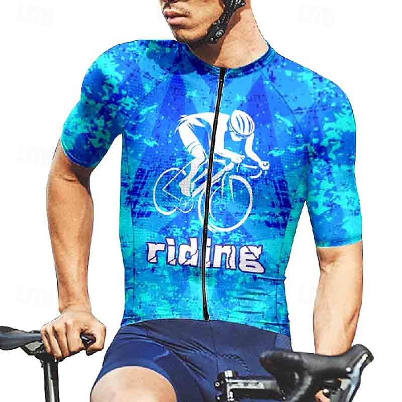 2026年 男性用 サイクリングジャージー 幾何学模様 文字＆番号 半袖 バイク Tシャツ ジャージー 3つのリアポケット付き マウンテンサイクリング 速乾性 人間工学デザイン ウィッキング 高通気性 スポーツ 濃い紫色 ブルー スカイブルー 衣類  コレクション – $28.99 –P8