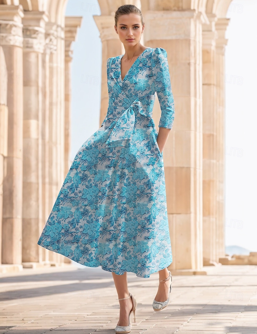A-linja Cocktailmekot Tyylikäs Mekko Muodollinen Häät Nilkkapituinen Puolihiha V kaula-aukko Nylon kanssa Kukkapainatus Halkio Tasku 2025 2025 - $149.99 –P4