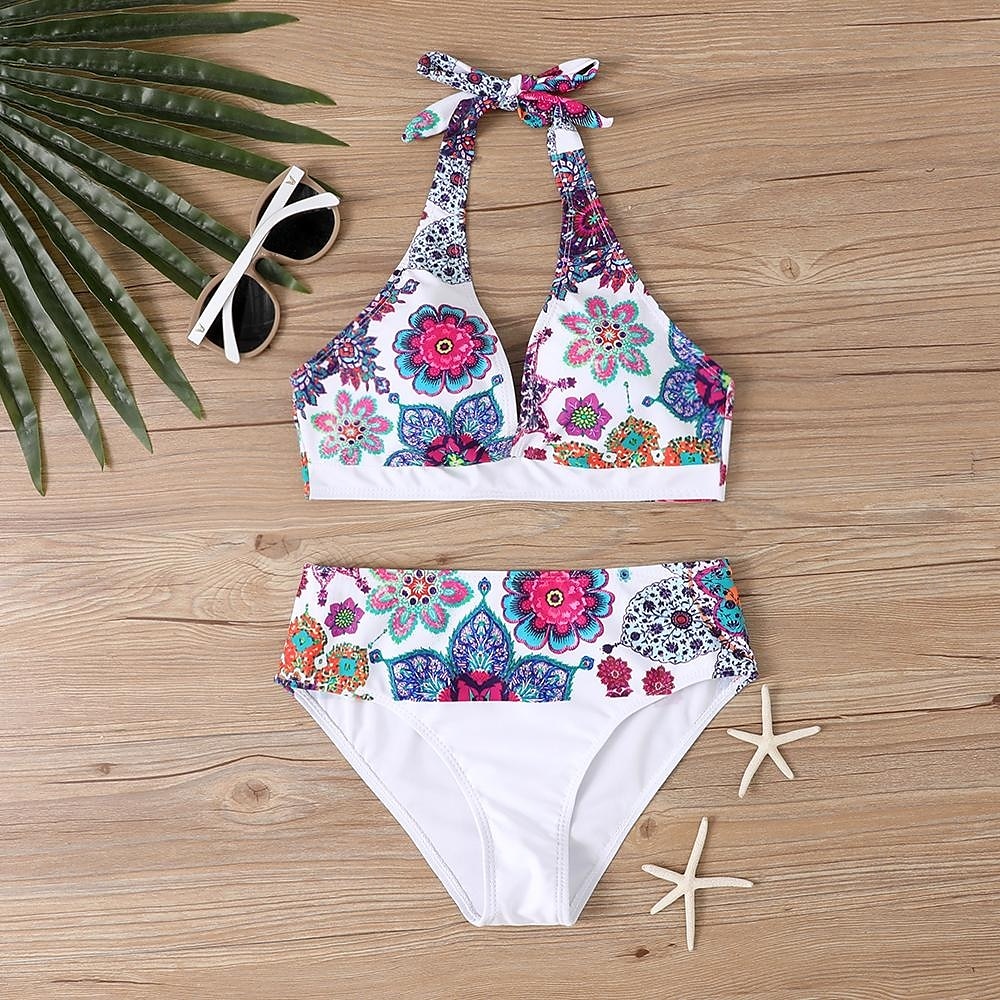 Dam Badkläder Bikini Tankini 2 st Kaxig Baddräkt Djup V-hals Tryck upp Stickat Semester Tropisk Blommig Färgblock Doppa Ärmlös Baddräkter 2025 - $22.99 –P2