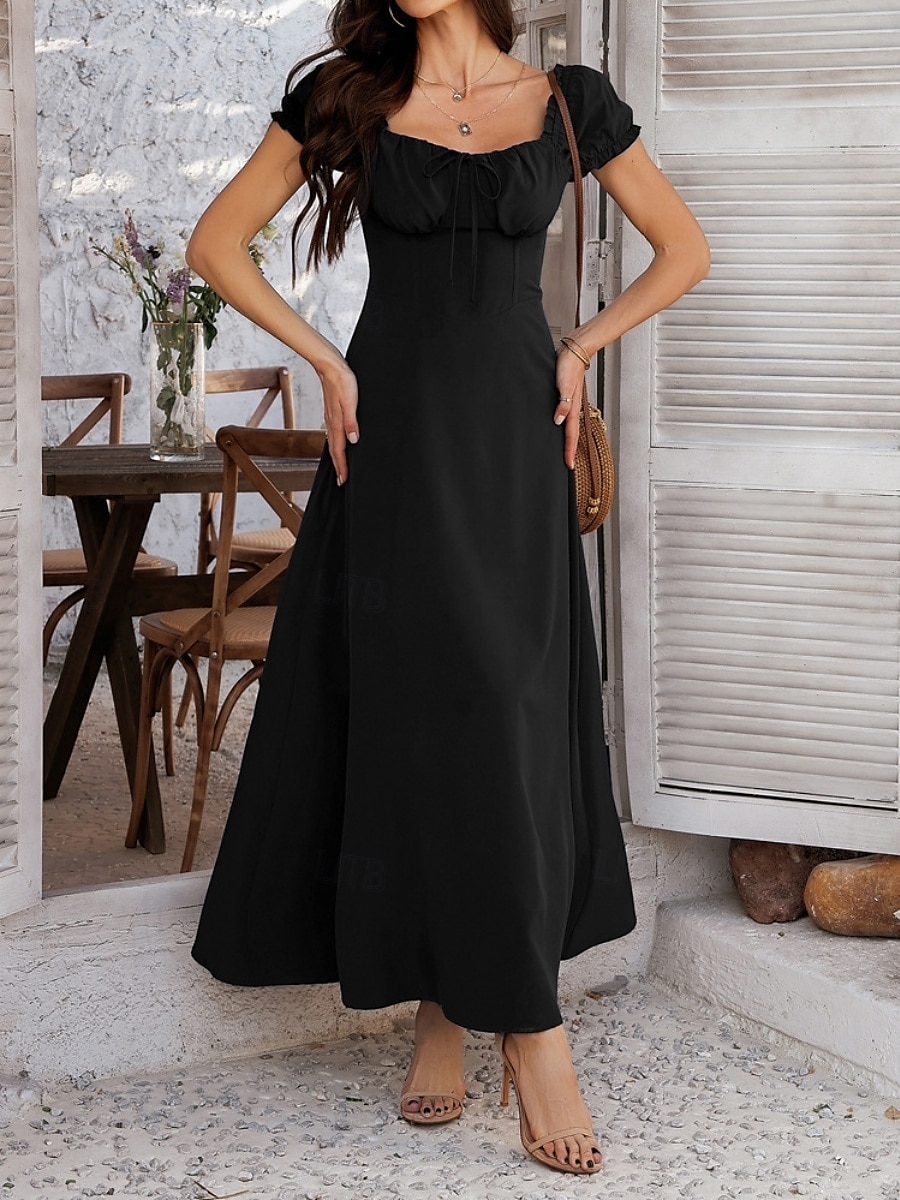 Dam Långklänning Maxiklänning Vit klänning Vardagsklänning Swingklänning Sommarklänning Mode Modern Elegant klänning Dagligen Datum Helgen Normal Slät Kortärmad Fyrkantig hals Svart Vit Gul Marinblå 2025 - $32.99 –P12