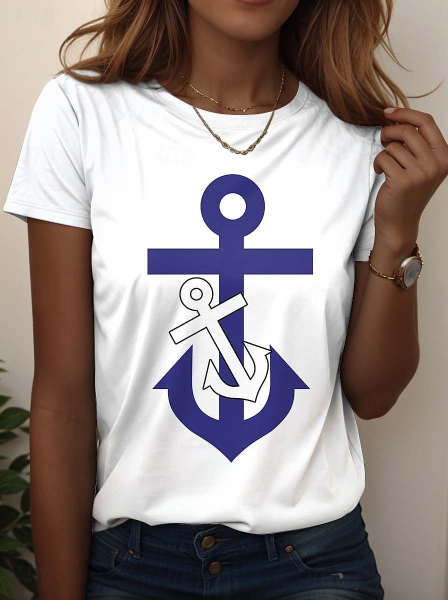 Women's T Shirt Floral Casual Short Sleeve Round Neck Regular Tops Daily Print White Wine Navy Blue Blue Dusty Blue Summer 2025 - $19.99 –P3