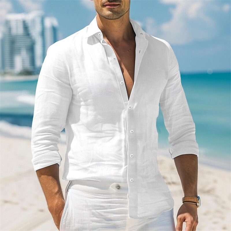 Herrenhemd Leinenhemd Sommerhemd Strandkleidung Button-Up-Hemd Einfarbig Urlaub Freizeit Schwarz Weiß Rosa Blau Langarm Kragen Frühling & Sommer Kleidung Bekleidung 2025 - $23.99 –P7