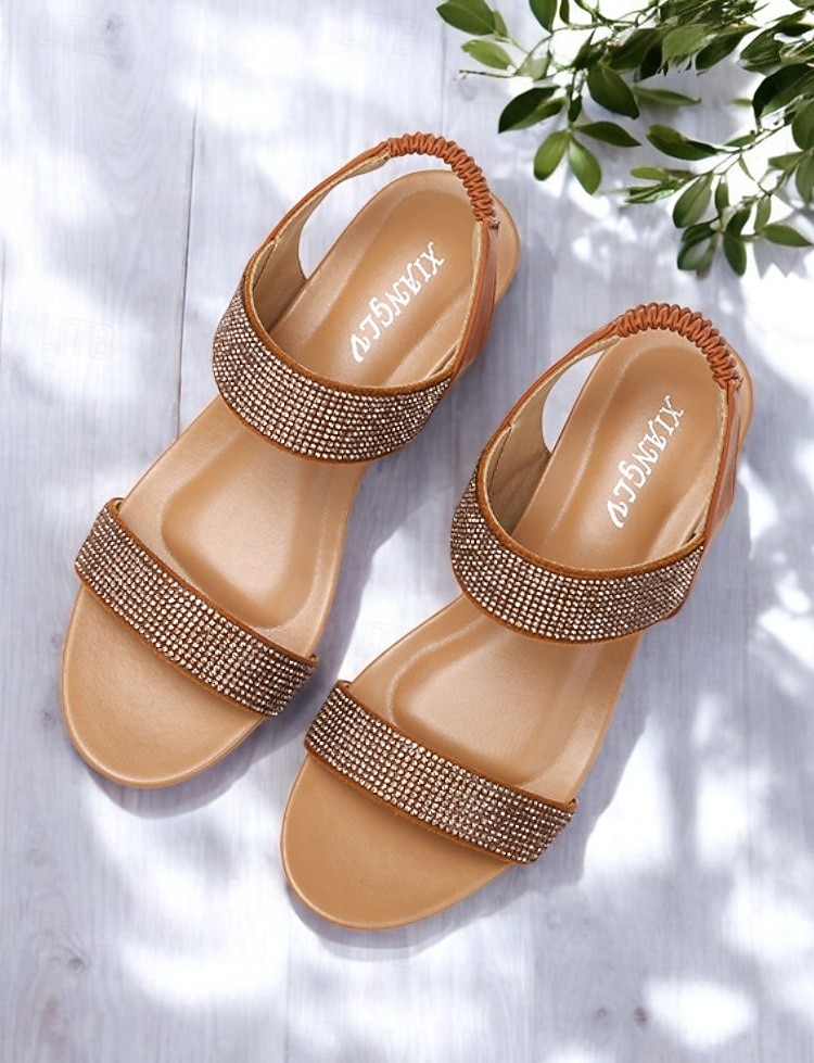 damskie sandały na koturnie z kryształkami – brązowe, odkryte palce, elastyczne paski, wygodne buty na lato, okazje codzienne i eleganckie 2026 - $34.99 –P1