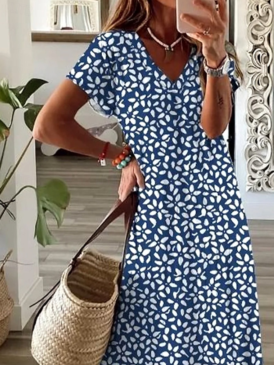 Damen Maxikleid A-Linie Kleid Sommerkleid Elegant Urlaub Lässig Urlaub Täglich Reguläre Passform Floral Grafik Polka Dot Kurzarm V-Ausschnitt Staubiges Blau Sommer Frühling Herbst 2025 - $28.99 –P2