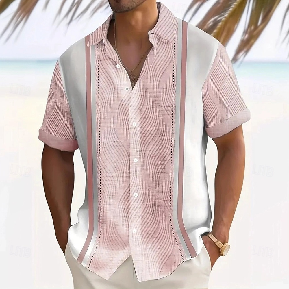Men's Geometric Striped Shirt Casual Shirt Button Up Shirt Short Sleeve Fashion Casual Outdoor Vacation Holiday Summer Spring Turndown 3D Print Collared Shirts Light Blue Pink Khaki Dark Blue 2025 - $23.99 –P7