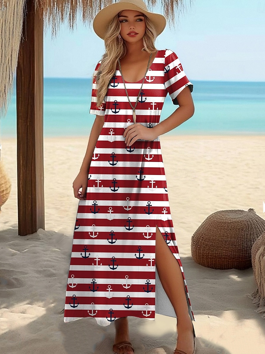Dámské maxi šaty tričkové šaty tee šaty sluneční šaty shift šaty letní šaty dovolená tropické stylové dovolená párty prázdniny regular fit geometrické pruhy krátký rukáv kulatý výstřih bílé temné 2025 - $23.99 –P7