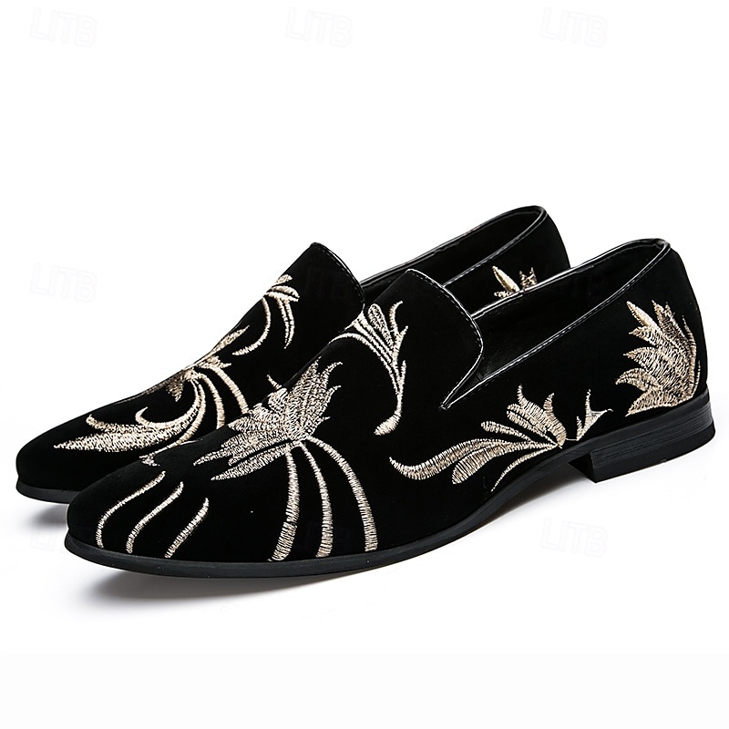 chaussures de bal pour hommes - mocassins en velours noir avec motif de blé brodé doré pour les occasions formelles de 2025 ? $42.99 –P1