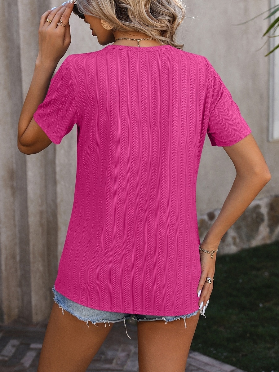 T-shirt Femme Uni Mode Moderne Décontracté Manches Courtes Col Rond Tops Quotidien Week-end Boutons Noir Blanc Violet Fuchsia Été de 2025 ? $21.99 –P16