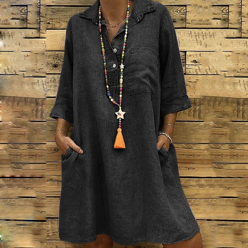 Mujer Mini vestido Vestidos con tacto de lino Vestido de Camisa Clásico Diario Festivos Noche Ajuste regular Plano Manga 3/4 Cuello Camisero Negro Caqui Verde Trébol Gris Verano 2026 - $18.99 –P11