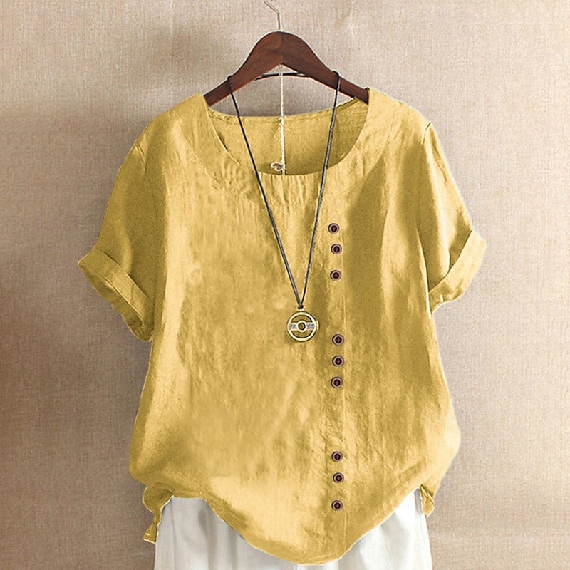 Femmes Chemisier Chemises en coton et lin Uni Moderne Occasionnel Manche Courte Col ras du cou Hauts Réguliers Fête Sortir Boutons Blanche Jaune Vert Véronèse Vert Été de 2025 ? $22.99 –P3
