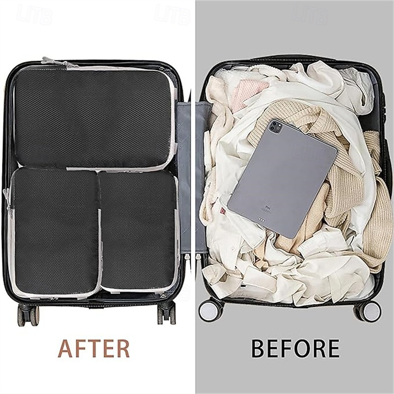 set di cubi di compressione per l'imballaggio da viaggio, borse portaoggetti di grande capacità da 4 pezzi con tessuto a motivo a rombi, organizer impermeabile per bagagli del 2025 a $12.99 –P4
