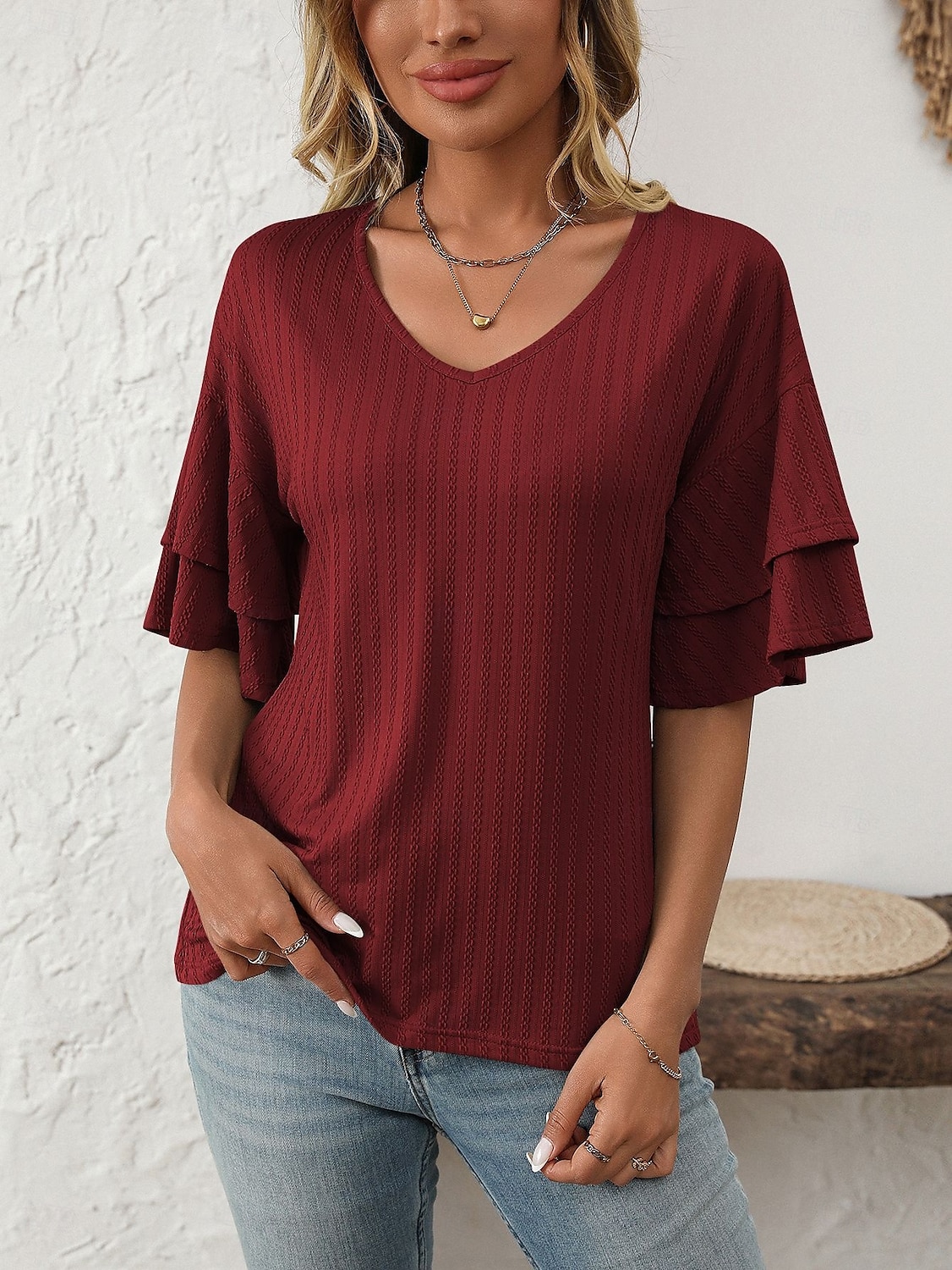 Women's T Shirt Plain Fashion Modern Short Sleeve V Neck Regular Tops Daily Ruffle Black White Wine Sky Blue Fuchsia Summer 2025 - $14.49 –P20