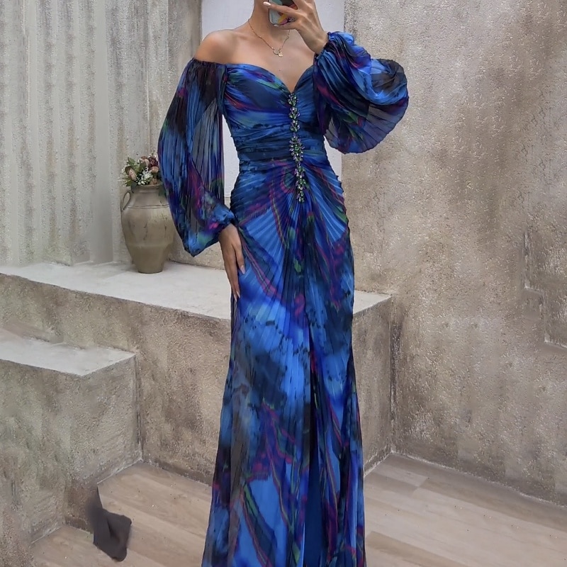 Femme robe longue robe soirée Robe froncée Mode Soirée Standard Fleur manche longue Col V Jaune Vin Bleu Vert Eté de 2025 ? $30.99 –P8