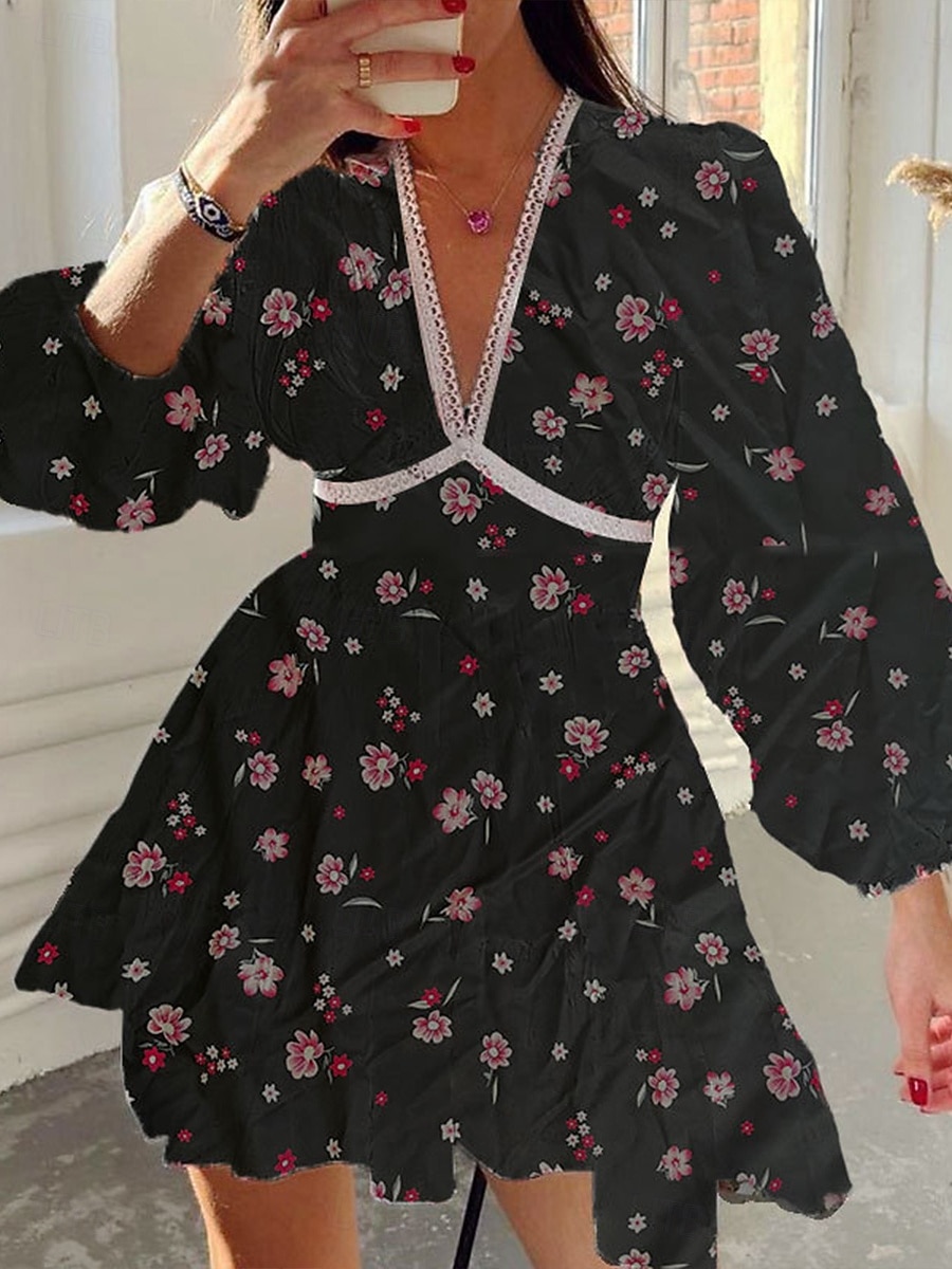 Per donna Mini abito Abito da ospite di nozze Boho Abito aderente e svasato Elegante Moda Sensuale Standard Floreale Manica lunga A V Magenta Nero Bianco Rosa Estate Primavera del 2025 a $23.99 –P3