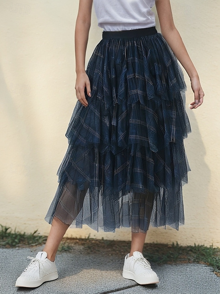 Mujer Talla Asiática Falda a cuadros Faldas de gasa Moda Estilo lindo Midi Alta cintura Faldas Cuadros A Cuadros Plisado Retazos Multi capa Microelástico Festivos Casual Diario Negro Azul Piscina 2025 - $23.99 –P3