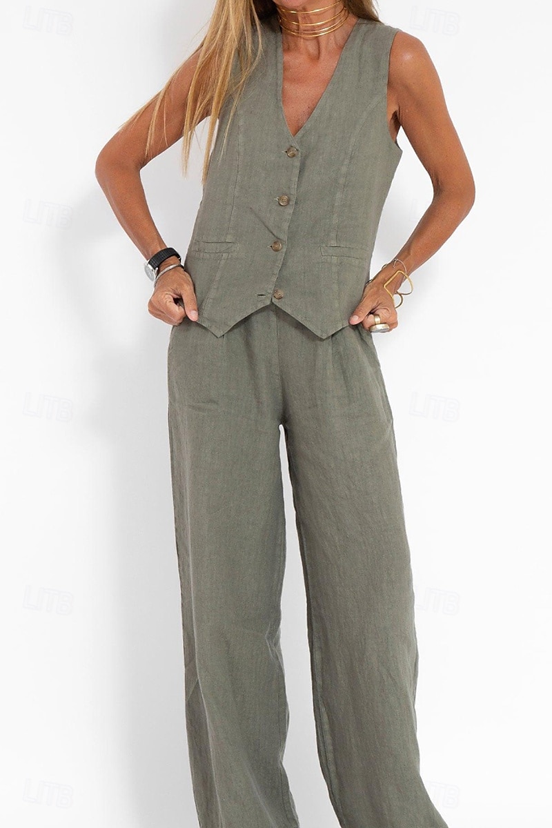 Women's Active Basic Linen-Inspired Sets Two Piece Sets Blouse Sleeveless V Neck Solid Color Dubbele Rij Knopen Vacation Casual Daily Black White Wine Summer Regular Fit 2025 - $26.99 –P13
