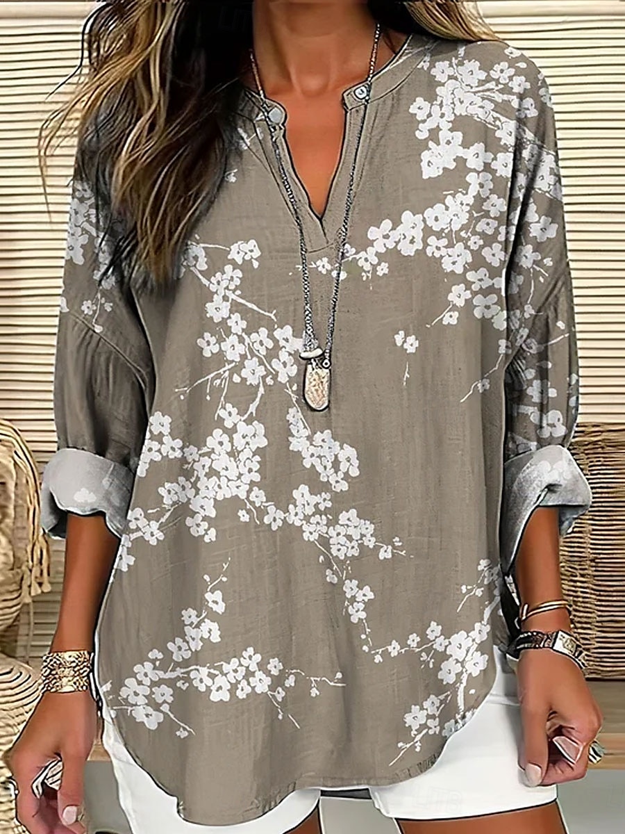 Women's Shirt Floral Graphic Vintage Tropical Hawaiian Long Sleeve V Neck Regular Tops Daily Holiday Beach Wear Print Pink Navy Blue Blue Green Khaki Summer Spring 2025 - $24.99 –P2