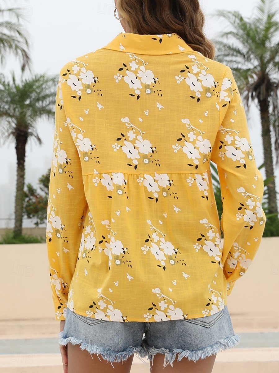 Damenhemd Floral Stylish Casual Langarmhemd Kragen Regelmäßige Tops Täglich Leinenähnliche Knöpfe Druck Weiß Gelb Hellblau Sommer Frühling 2025 - $19.99 –P8