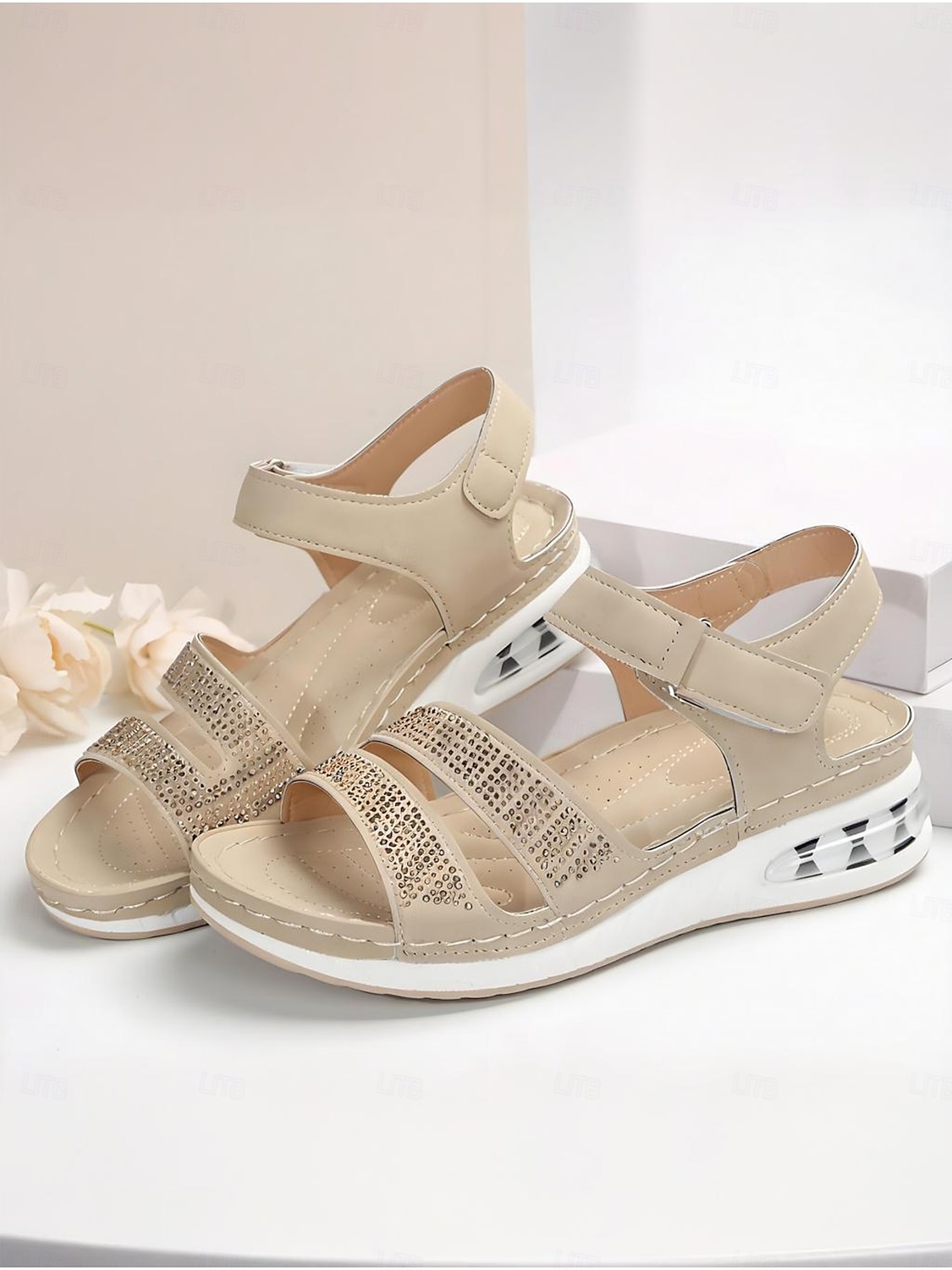 Damensandalen mit Luftpolster und Strasssteinen – bequeme Schuhe mit verstellbarem Klettverschluss und offener Spitze für Freizeit und Outdoor 2025 - $19.99 –P4