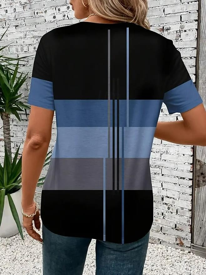 Damskie Podkoszulek Geometryczny Prążki Codzienny Krótki rękaw Okrągły dekolt Zwykłe topy Codzienny Wyjściowe Weekend Nadruk Niebieski Khaki Lato 2025 - $19.99 –P4