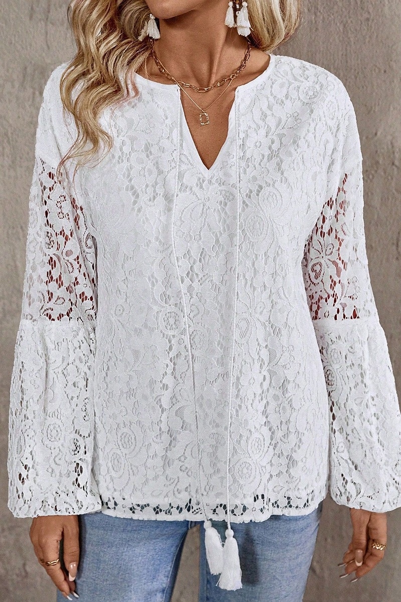 Damen Bluse Spitzentops Glatt Stilvoll Modern Langarm V Ausschnitt Normale Oberteile Täglich Festtage Spitze Weiß Sommer 2025 - $18.99 –P2