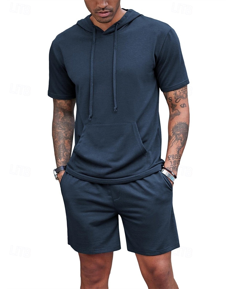 Bărbați Trening Tricou și pantaloni scurți Set de ținute Hanorac cu gluga În aer liber Zilnic Sport Buzunar Cordon Simplu Roșu Vin Negru Alb Poliester Îmbrăcăminte de Sport  Șic Stradă Ușor Vară 2025 - $30.99 -P19