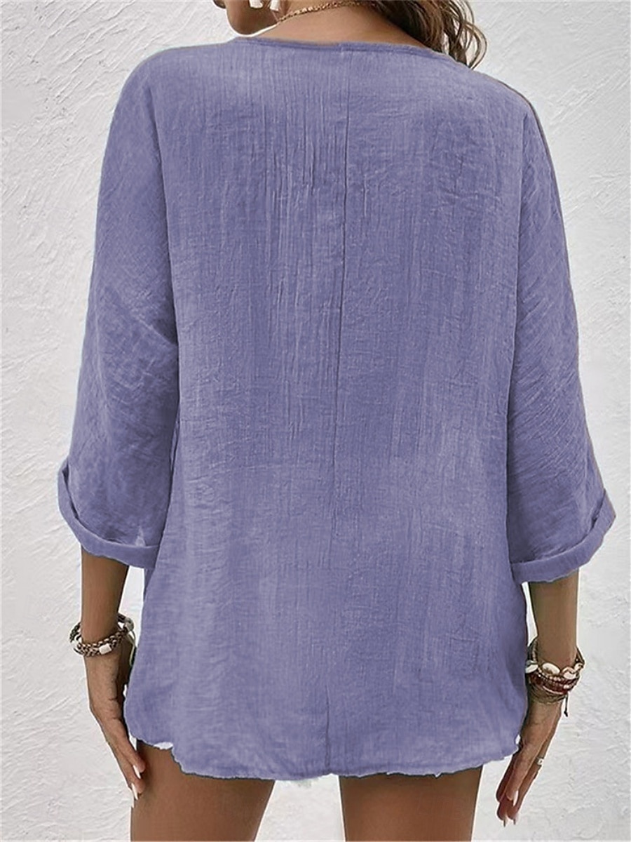 Damen Hemd Baumwoll-Leinen-Hemden Knopfleiste Bluse Einfach Basic Modern Langarm V Ausschnitt Normale Oberteile Täglich Ferien Knöpfe Rosa Blau Purpur Grün Khaki Sommer 2025 - $13.99 –P9
