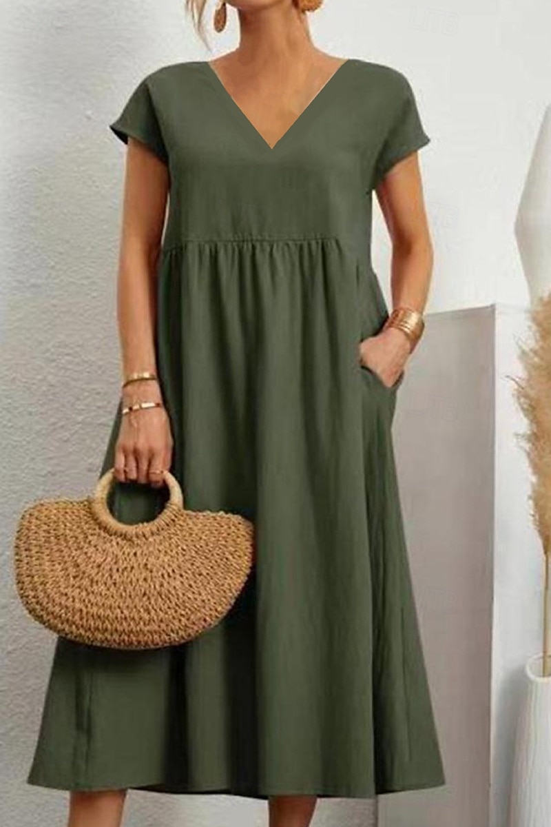 Women's Midi Dress Linen-Inspired Dresses Cotton Linen Dress Basic Classic Modern Vacation Daily Holiday Regular Fit Plain Short Sleeve V Neck Black Light Green Pink Army Green Summer 2025 - $26.99 –P9
