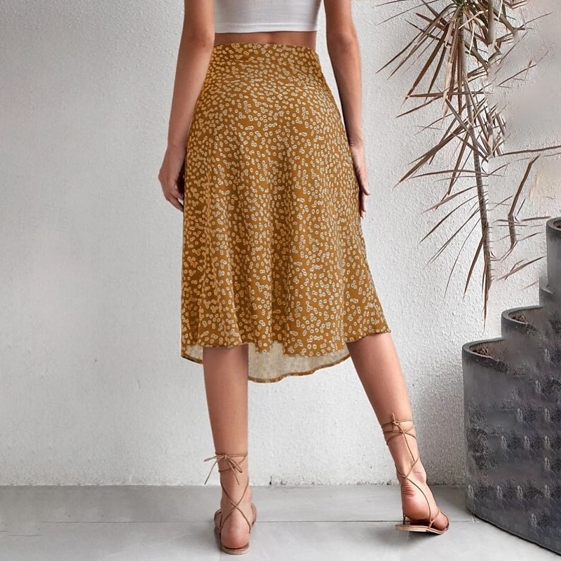 Dame الالتفاف A-linje Fritid Knelang Mellomhøyt liv Skjørt Blomstret Trykt mønster Mikroelastisk Feriereise Gate Svart Gul Blå Oransje Sommer Polyester 2025 - $21.99 –P10
