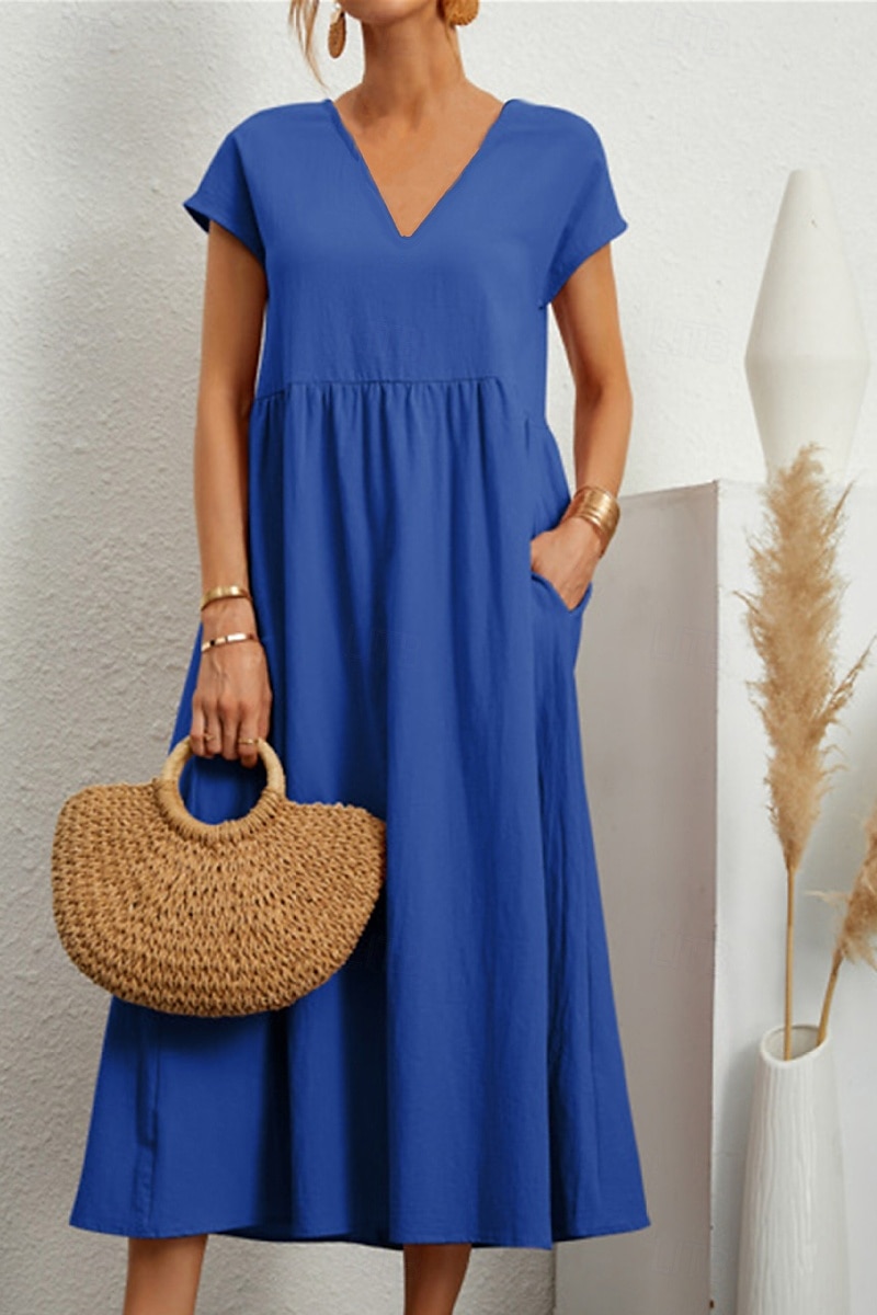 Women's Midi Dress Linen-Inspired Dresses Cotton Linen Dress Basic Classic Modern Vacation Daily Holiday Regular Fit Plain Short Sleeve V Neck Black Light Green Pink Army Green Summer 2025 - $26.99 –P2