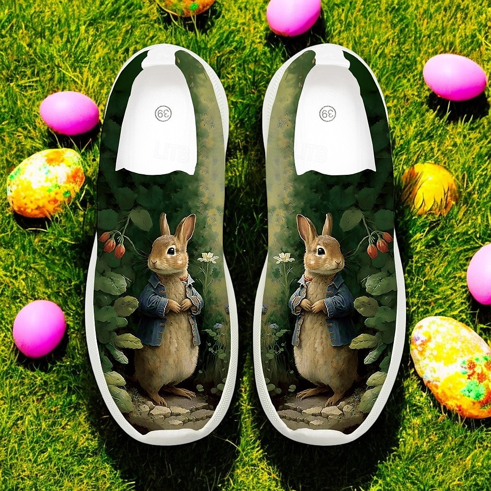 trampki typu slip-on z nadrukiem wielkanocnego króliczka – lekkie, oddychające buty do chodzenia dla kobiet, urocze obuwie na święta 2025 - $29.99 –P1