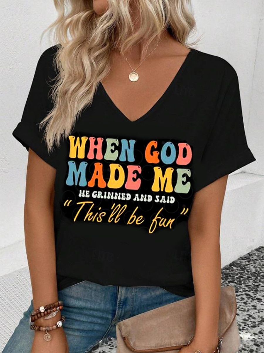 Pentru femei Tricou Grafic Scrisă Casual Manșon scurt În V Topuri obișnuite Zilnic Sfârșit de săptămână Imprimeu Negru Alb Verde Deschis Roz Îmbujorat Vară GOD 2025 - $19.99 –P1