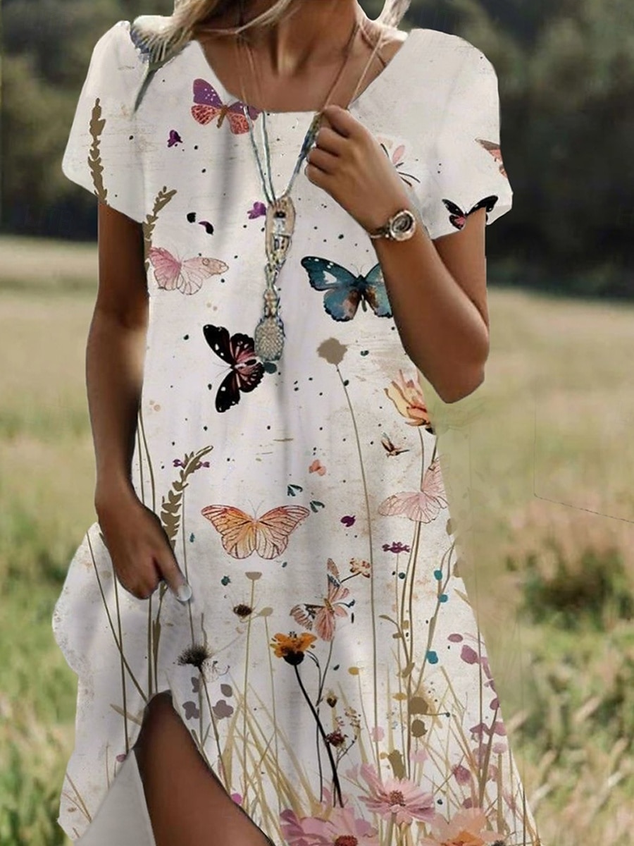 Damen Minikleid Freizeitkleid T-Shirt-Kleid Sommerkleid A Linie Kleid Stilvoll Lässig Strand Normale Passform Blumen Grafik Schmetterling Kurzarm Rundhalsausschnitt Weiß Sommer Frühling 2025 - $23.99 –P2
