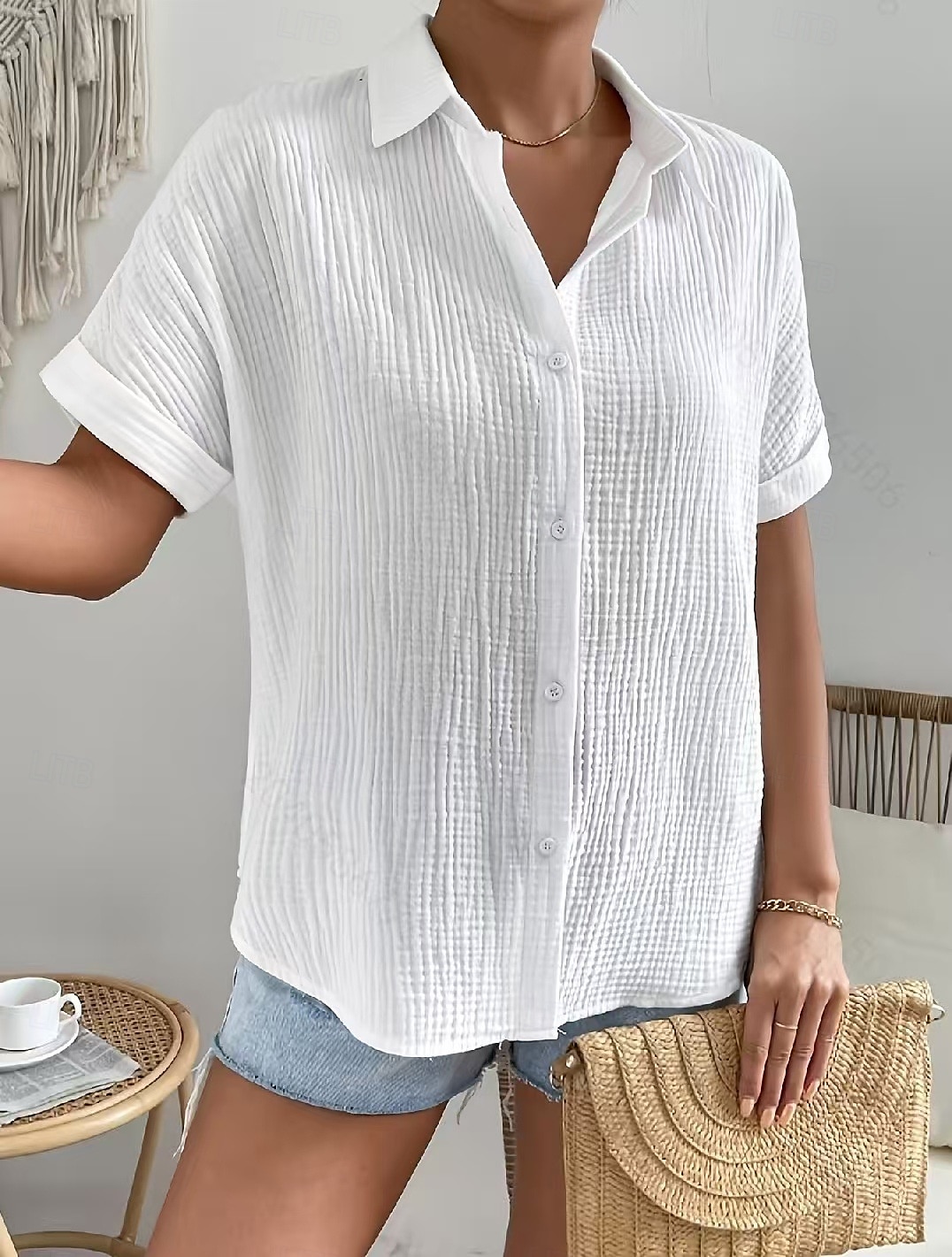 Frau Baumwolle Leinen Hemd Bluse Einfarbig Elegant Lässig Kurzarm Hemdkragen Regulär Oberteile Täglich Urlaub Knöpfe Weiß Sommer Frühling 2025 - $22.99 –P1