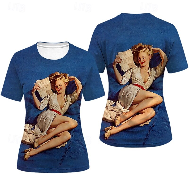 2025年 Ｔシャツ(21) レトロポスター レトロガール グラフィック柄 用途 女性用 成人 マスカレード 3Dプリント バケーション パーティー  コレクション – GBP £10 –P1