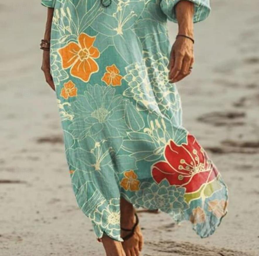 Frauen Maxi Kleid Strandkleid A-Linie Kleid Urlaub Lässig Strand Outdoor Urlaub Alltag Reguläre Passform Floral Grafik Lange Ärmel V-Ausschnitt Hellgrün Sommer Frühling 2025 - $36.99 –P3