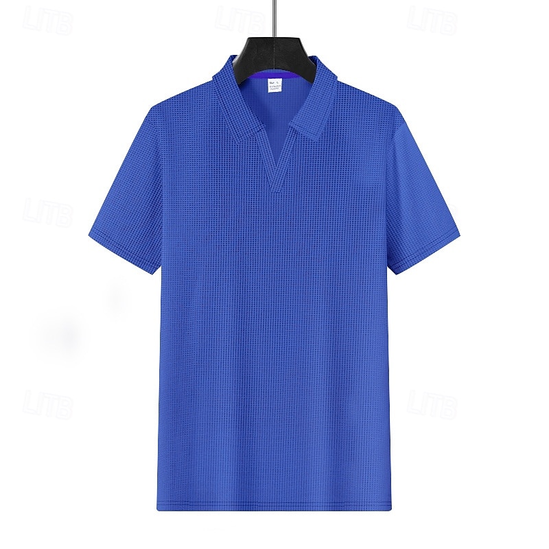 2025年 男性用 ワッフルポロシャツ ゴルフシャツ ビジネス カジュアル Vネック 半袖 ファッション ベーシック 純色 ボタン 夏 春 & 秋 レギュラー ブラック ホワイト ロイヤルブルー ライトグレー ベージュ ワッフルポロシャツ  コレクション – $18.99 –P4