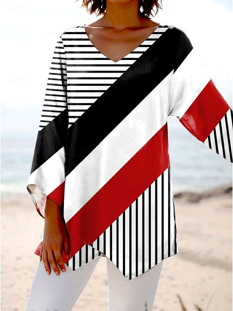 Blusa da donna manica lunga orlo asimmetrico grafico geometrico a righe elegante spiaggia manica a 3/4 scollo a V regolare top quotidiano primavera autunno del 2025 a $25.99 –P1