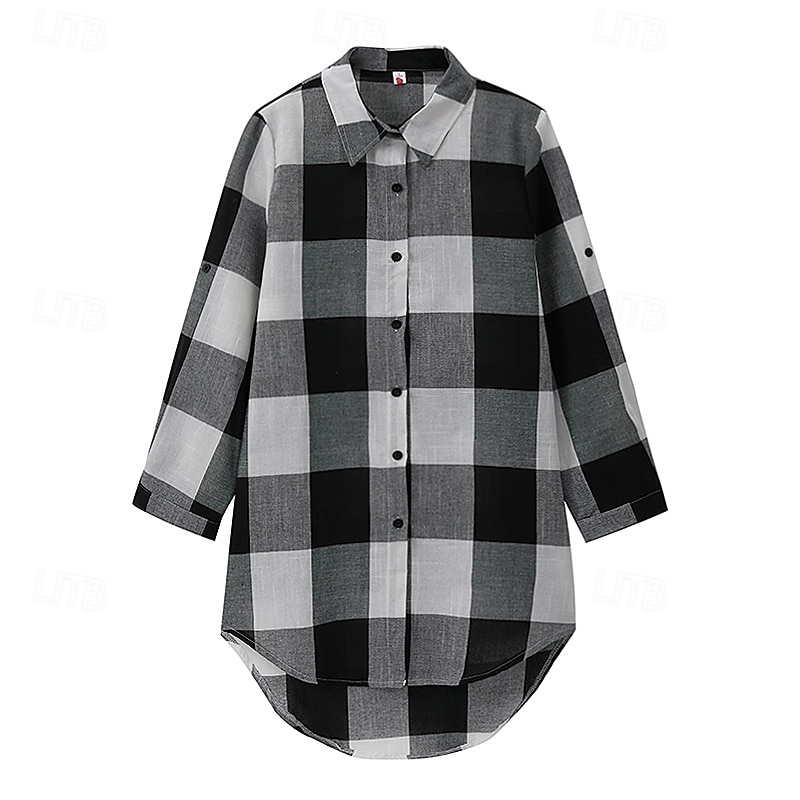 Women's Shirt Cotton Linen Shirts Blouse Plaid Casual Long Sleeve Shirt Collar Long Tops Casual Print Black Red Royal Blue Blue Summer Spring &  Fall 2025 - $27.99 –P1