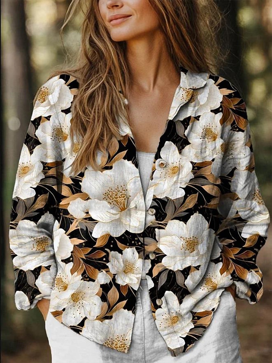 Dame Skjorte Bluse Blomster Grafikk Stilig Casual Lang Erme Skjorte Krage Regulære Topper Lin Lignende Daglig Gå Ut Strand Klær Knapper Svart Lilla Sommer Vår 2025 - $32.99 –P1